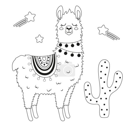 Photo for Outline vector illustration with cute llama character, cactus and stars in flat style, design elements for children clothes, baby nursery, greeting card - Royalty Free Image
