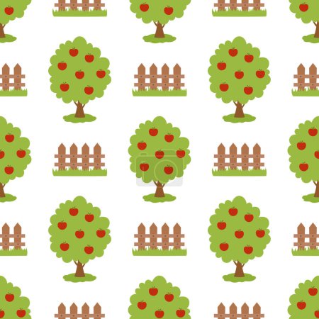 Photo for Seamless garden pattern with apple tree and fence, flat vector illustration - Royalty Free Image