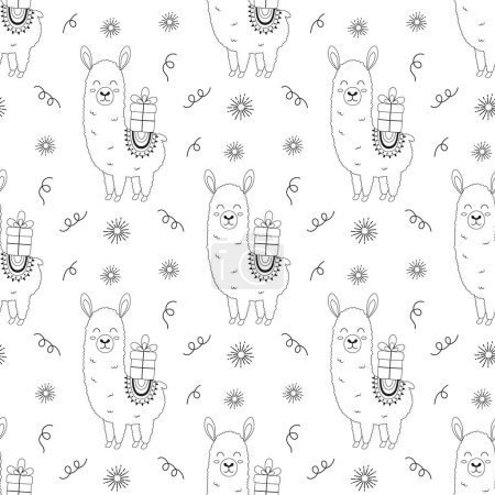 Photo for Outline seamless pattern with cute llama, confetti and gift, vector illustration of animal for birthday or new year decoration, flat style - Royalty Free Image
