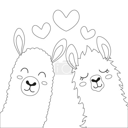 Photo for Outline valentines card with llamas and hearts, flat vector illustration of cartoon funny animals - Royalty Free Image