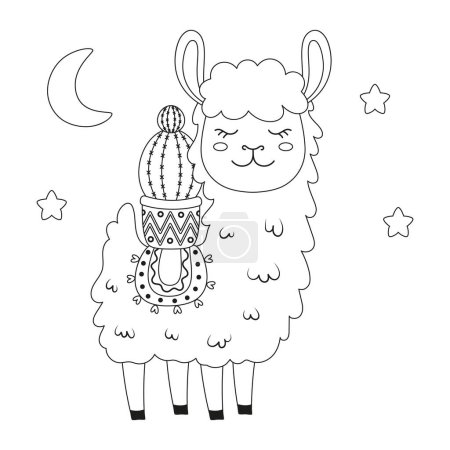 Photo for Outline card with cute llama and cactus, black and white background for coloring with alpaca, cartoon card for kids, flat vector illustration - Royalty Free Image
