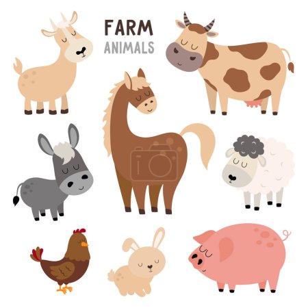 set of farm animal in cartoon style, flat vector illustration isolated on white background