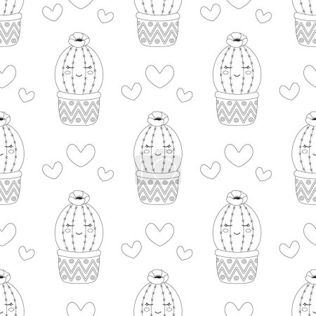 Photo for Outline seamless pattern with cactus in pot and hearts, houseplant with funny face, flat vector illustration for valentines day - Royalty Free Image