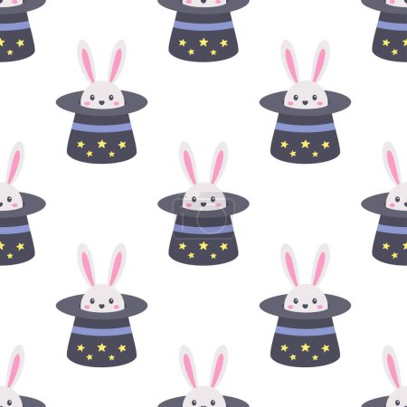 Photo for Rabbit ears in magic hat on white background, circus seamless pattern with bunny in hat, flat vector illustration - Royalty Free Image