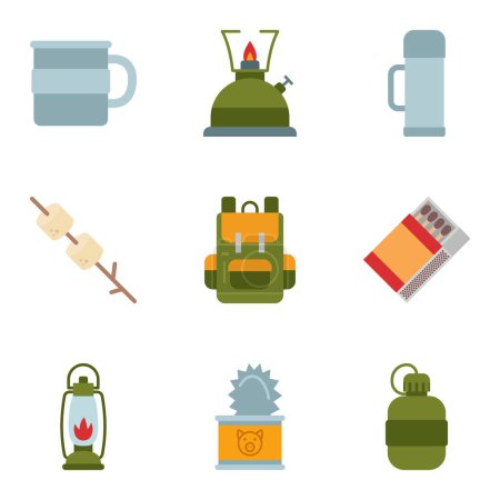 Photo for Set of camping recreation gear, equipment, element and tools. Vector Illustration - Royalty Free Image