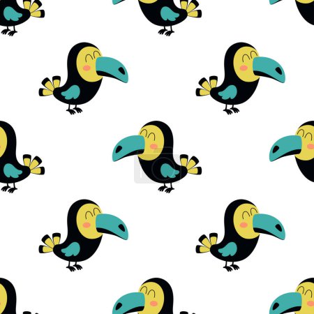 Photo for Cartoon seamless pattern with funny toucan, cute bird character, print for shirt, wallpaper, poster or textile, flat vector illustration - Royalty Free Image