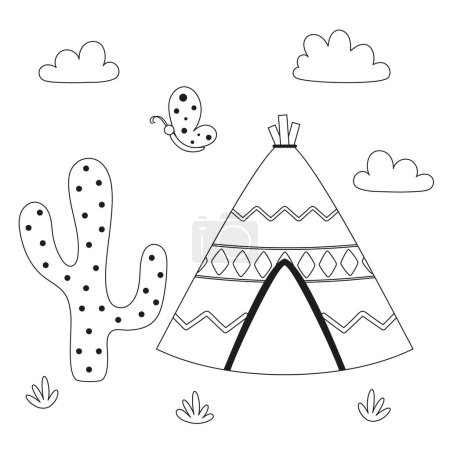 Photo for Black and white cartoon wigwam, plant, clouds and butterfly in flat style, vector illustration of cute landscape - Royalty Free Image