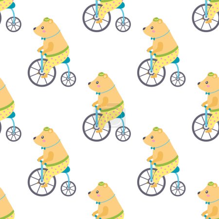 Photo for Seamless pattern with funny cartoon circus bear wearing bow tie and riding bicycle on white background, flat vector illustration for textile print - Royalty Free Image