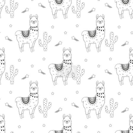 Photo for Seamless pattern with llama and cactus, outline flat vector illustration - Royalty Free Image