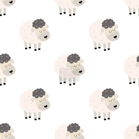 Photo for Cute seamless pattern of funny sheep on white, fluffy wool pet background for fabric, textile, paper, wallpaper, wrapping or greeting card, flat vector illustration - Royalty Free Image