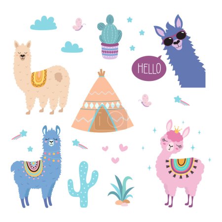 Photo for Vector set of cute llamas, alpacas and cactus collection elements for nursery design, poster, greeting, birthday card, baby shower design - Royalty Free Image