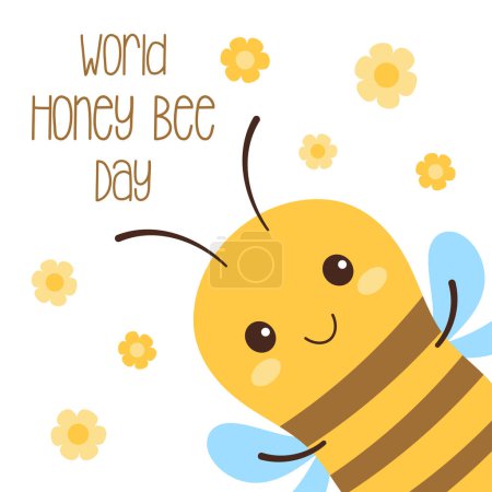 niedlichen Cartoon-Biene und Blumen, Karte für glückliche Welt Bienentag, flache Vektorillustration