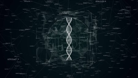 Téléchargez les photos : Illustration 3D de l'ADN dans le bruit numérique, illustration scientifique abstraite future de l'ADN dans la sphère et le cube entouré de codes de hachage connectés - en image libre de droit