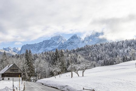 Téléchargez les photos : Paysage des sommets montagneux des Alpes juliennes, heure d'hiver à Tarvisio, Italie - en image libre de droit