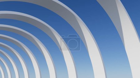 Téléchargez les photos : Illustration 3D du passage d'arc rond blanc en lumière du jour avec ombre solaire et réflexion, espace infini architectural CGI d'arcs et de ciel - en image libre de droit