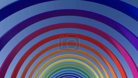 Téléchargez les photos : Illustration 3D d'arcs ronds de couleur arc-en-ciel à la lumière du jour avec ombres de soleil sur ciel bleu, gabarit architectural CGI abstrait - en image libre de droit