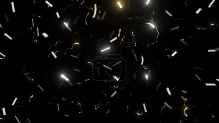 Téléchargez les photos : Illustration 3D du popper de fête de confettis clignotant doré tombant sur fond noir, papier peint de vacances d'accueil CGI - en image libre de droit
