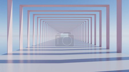 Téléchargez les photos : Illustration 3D de constructions d'arcs carrés rose clair sur jetée à la lumière du jour avec ombres de soleil sur ciel bleu, gabarit architectural CGI abstrait - en image libre de droit