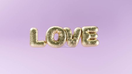 Téléchargez les photos : Illustration 3D de lettres d'AMOUR sous forme de ballons gonflés suspendus dans l'air avec du papier d'or sur fond rose clair, modèle de Saint-Valentin CGI - en image libre de droit
