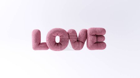Foto de Ilustración 3D de letras LOVE en forma de globos inflados colgando en el aire con material de lana rosa claro sobre fondo claro, plantilla de día de San Valentín CGI - Imagen libre de derechos