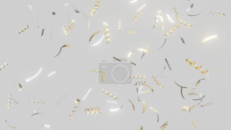 Téléchargez les photos : Illustration 3D du popper de fête confettis clignotant doré tombant sur fond clair, papier peint de vacances d'accueil CGI - en image libre de droit