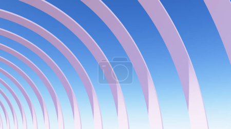 Téléchargez les photos : Illustration 3D d'arcs ronds roses à la lumière du jour avec ombres de soleil sur ciel bleu, papier peint architectural - en image libre de droit