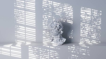 Téléchargez les photos : Illustration 3D du salon lumineux avec ombre de fenêtre aveugle et des arbres oscillants derrière en été, buste de David sur une étagère. papier peint de l'intérieur - en image libre de droit