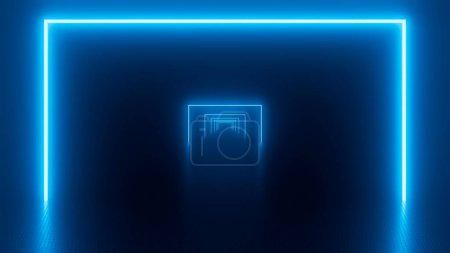 Photo for 3D illustration of neon tunnel. Trendy neon glow lines form pattern and constraction in mirror tunnel. Sci-fi technology cyberspace. Neon wallpaper - Royalty Free Image