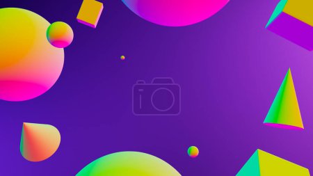 3D illustration of primitives objects with holographic gradient materials, abstract template, geometric wallpaper
