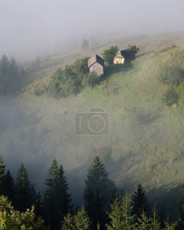 Téléchargez les photos : Paysage estival avec vue idéaliste sur une maison isolée sur une colline verdoyante dans un village de montagne - en image libre de droit