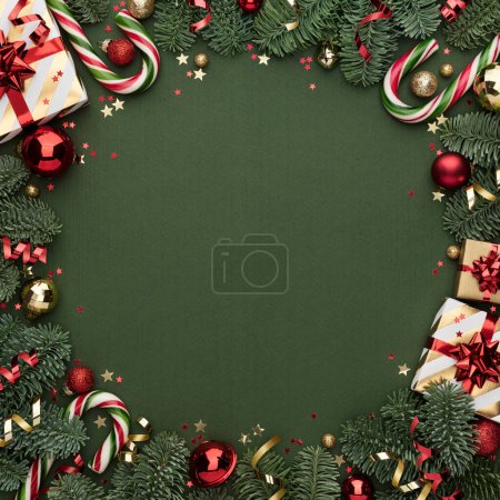 Photo for Round Christmas Ornament Frame on Green Background - Royalty Free Image