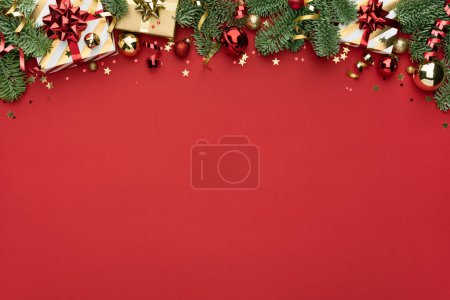 Photo for Red Christmas or New Year Ornament Border Background - Royalty Free Image