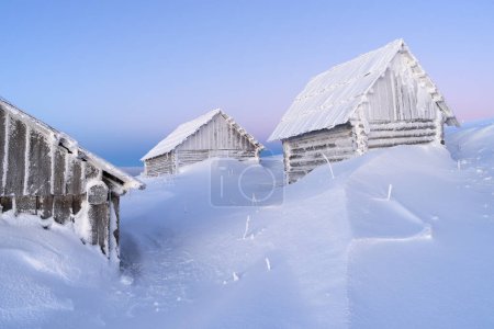 Téléchargez les photos : Paysage hivernal Matin givré avec maisons en bois dans le gel - en image libre de droit