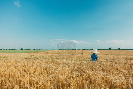 Foto de Niño con sombrero en el campo de trigo en verano - Imagen libre de derechos