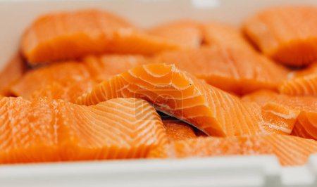 Foto de Trozos de salmón cortados y envasados en un restaurante antes de cocinar - Imagen libre de derechos