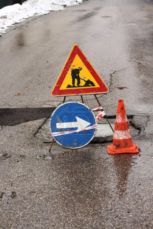 Photo for Traffic signs for repair and cone - Royalty Free Image