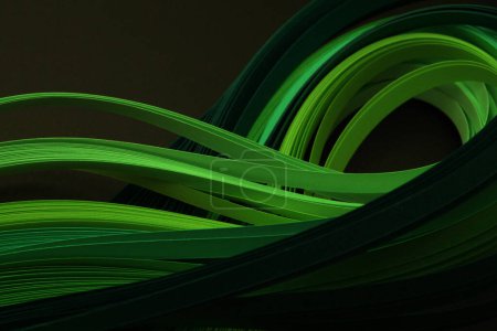 Photo for Green neon color strip wave paper on black. Abstract texture copy space background. - Royalty Free Image