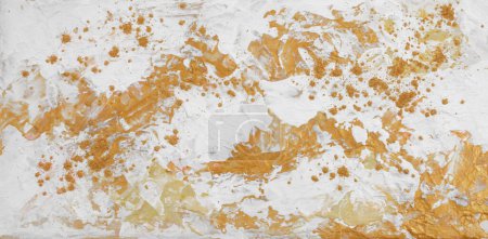 Photo for Modern Oil and Acrylic smear blot painting wall. Abstract texture white and gold color stain brushstroke background. Contemporary art. - Royalty Free Image