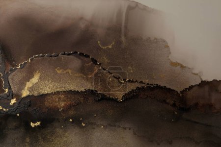 Foto de Arte Abstracto acuarela mármol humo borrón pintura. Color marrón y dorado Textura de lona fondo horizontal. Tinta de alcohol. - Imagen libre de derechos