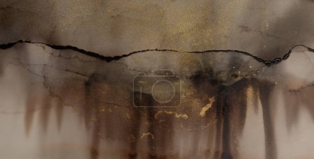 Photo for Art Abstract watercolor marble flow blot painting. Brown and gold Color canvas texture horizontal background. Alcohol ink. - Royalty Free Image
