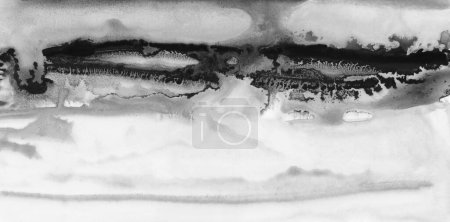 Foto de Abstracto negro, acuarela blanca y el flujo acrílico mancha mancha pintura paisaje. Color lienzo textura horizontal fondo largo. - Imagen libre de derechos