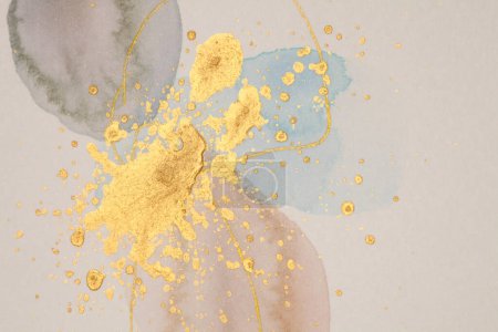 Photo for Watercolor blot with drops and doodle gold line elements. Abstract texture art background. - Royalty Free Image