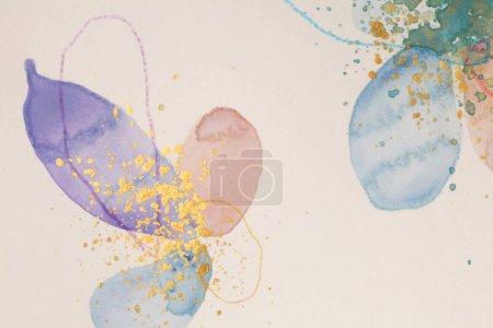 Photo for Watercolor blot with drops and doodle gold line elements. Abstract texture art painting background. - Royalty Free Image