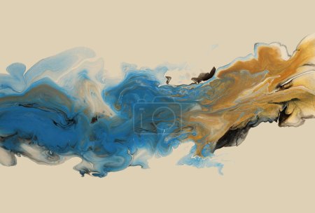 Foto de Art Abstract flow pour acrylic, ink and watercolor marble painting. Blue and beige Color wave texture blots background. Fluid Art. - Imagen libre de derechos