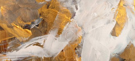 Foto de Art modern oil and acrylic smear blot canvas painting wall. Abstract texture gold, beige and bronze color stain brushstroke texture horizontal background. - Imagen libre de derechos
