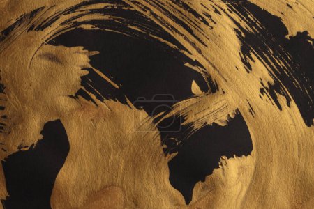 Foto de Art modern oil and acrylic smear blot canvas painting wall. Abstract texture gold, bronze, black color stain brushstroke texture background. - Imagen libre de derechos