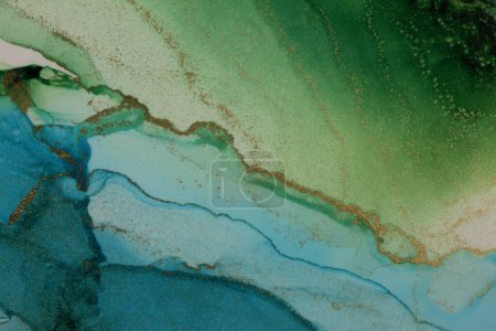 Foto de Abstract green, blue, gold glitter flow wave blots painting background. Watercolor and Alcohol ink colors. Marble texture. - Imagen libre de derechos