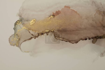 Photo for Art Abstract watercolor and alcohol ink flow blot painting. Brown, beige color with gold glitter. Canvas marble texture background. - Royalty Free Image