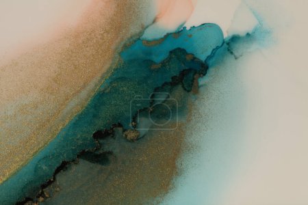 Foto de Art Abstract watercolor and alcohol ink flow blot painting. Blue, beige color with gold glitter. Canvas marble texture background. - Imagen libre de derechos