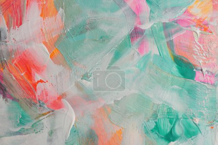 Foto de Art modern oil and acrylic smear blot canvas painting wall. Abstract texture neon pink, green color stain brushstroke texture background. - Imagen libre de derechos